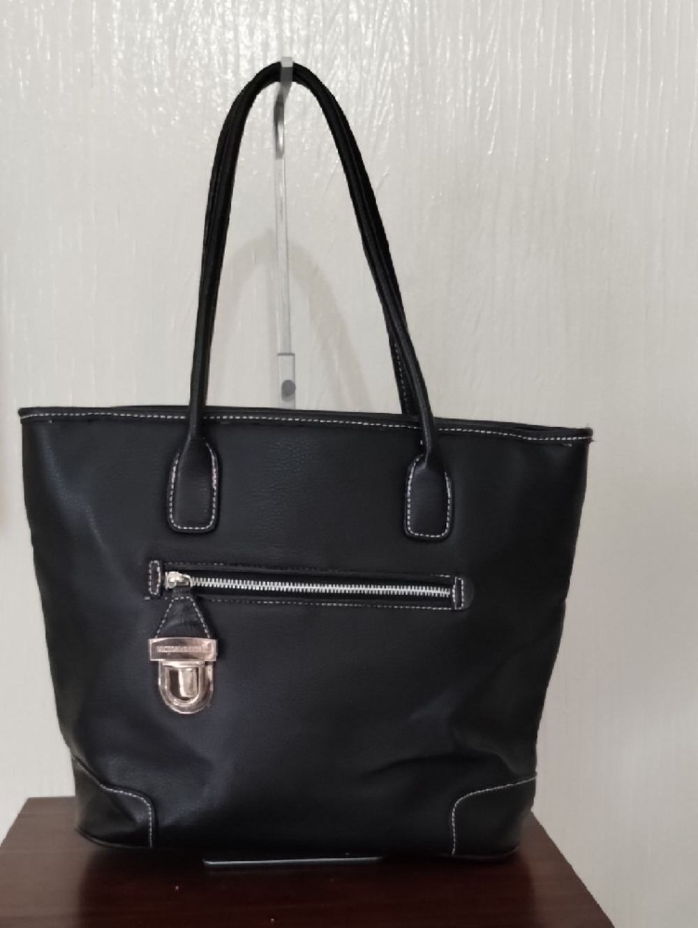 Victoria's Secret Black Leather-Look Tote with Front Zip and Silver Hardware